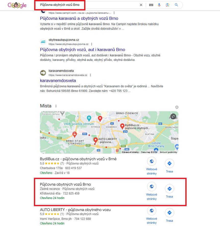 Půjčovna obytných vozů Brno - Google zápis